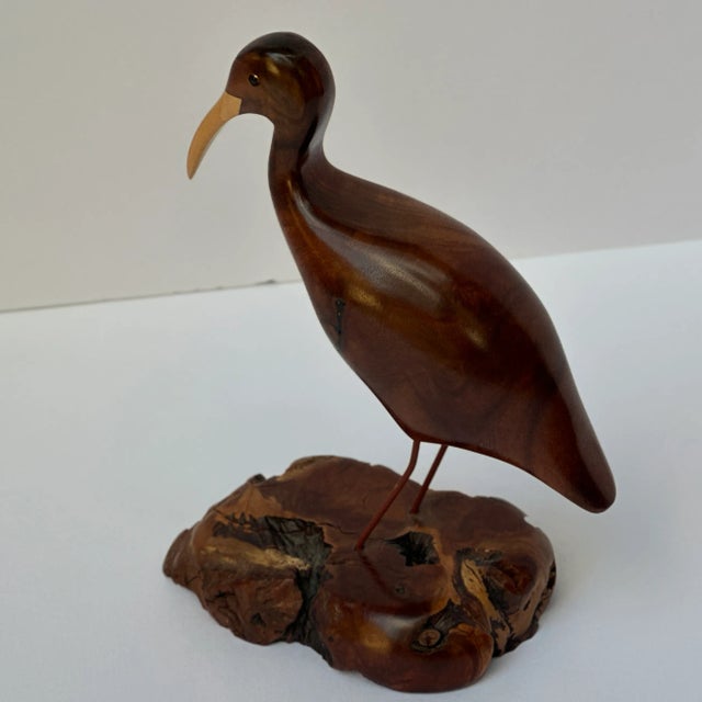 Contemporary Artist Signed Bruce Stamp Hand Carved Hardwood Shorebird Sculpture on Burl Base For Sale - Image 3 of 9