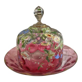 1970s Beautiful Pink Glass Cake Cover and Plate With Floral Accents For Sale