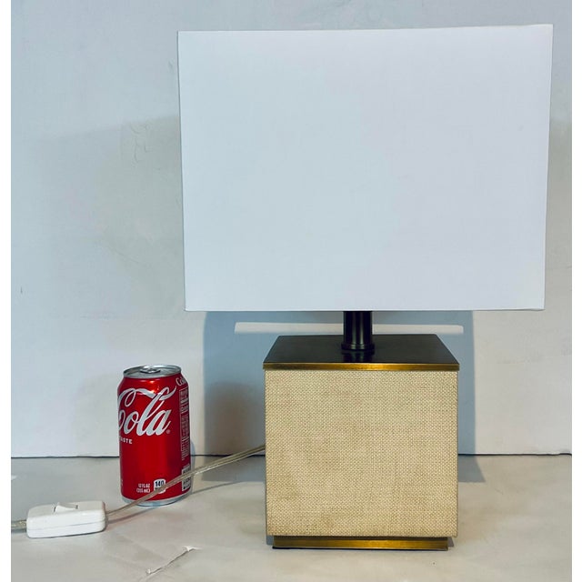 Stylish Currey & Company Organic Modern Small Raffia Cube Table Lamp, brass accents, white shade, showroom floor sample