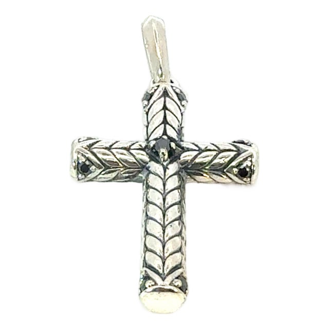 1990s David Yurman Black Diamond Cross Pendant Sterling Silver Estate For Sale