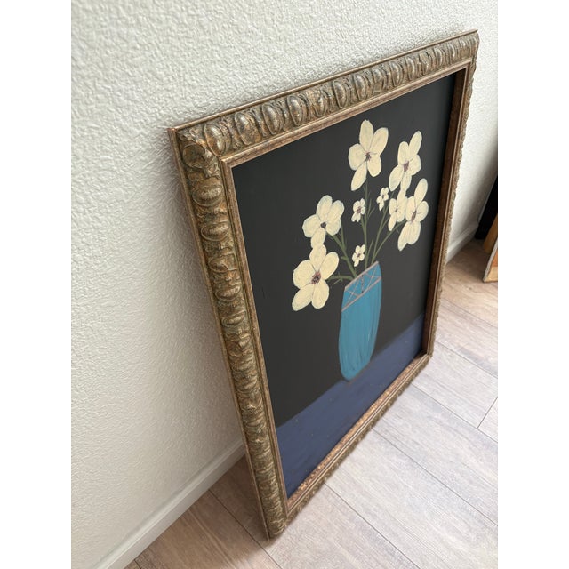 2020s Large Original Primitive Painting of Cheerful Flowers in a Blue Vase For Sale - Image 5 of 7