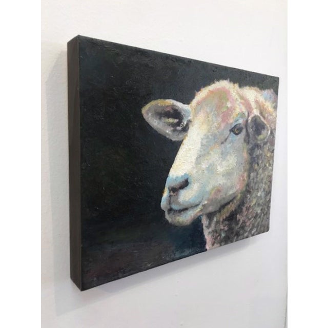 Guinness by Carrie Goller | Oil and cold wax on wood panel Sheep portrait on dark background For Sale - Image 4 of 5