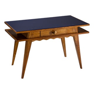 Mid-20th Century Oak Desk with Blue Glass Top, Italy For Sale