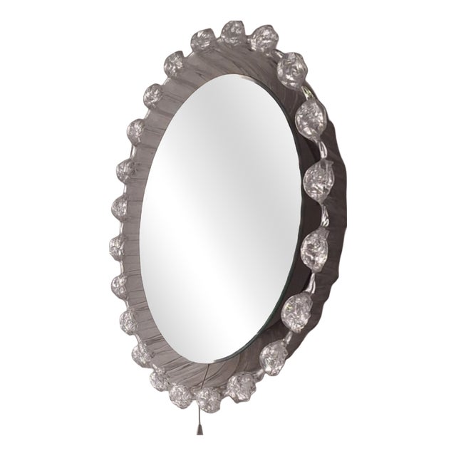 Large Illuminated Circular Beveled Wall Mirror in Melted Ice Acrylic Glass, 1970s For Sale