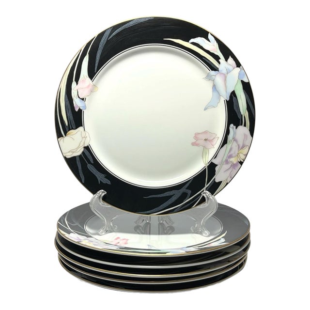 1980s Mikasa “Charisma, Black” Set of 6 Porcelain Salad Plates For Sale