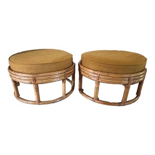 Vintage Round Rattan Ottoman Footstool With Cushion - a Pair For Sale