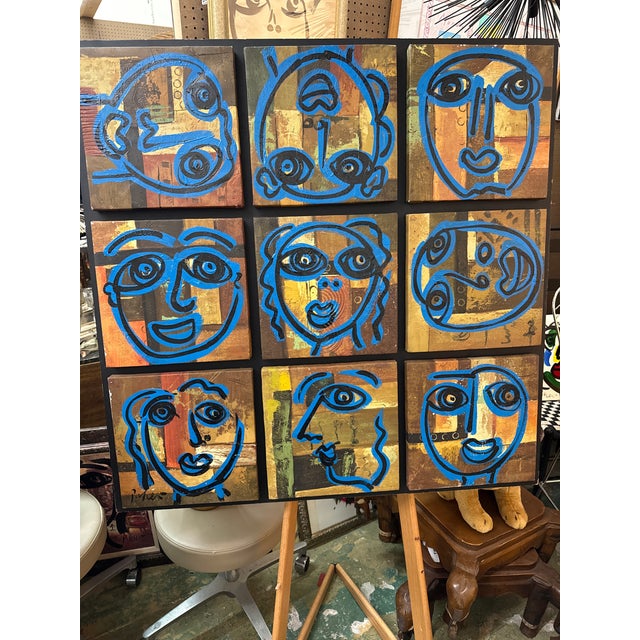 Fantastic Original Peter Keil (born 1942) Abstract Cubist Painting. This wonderful piece depicts 9 abstract cubist faces...