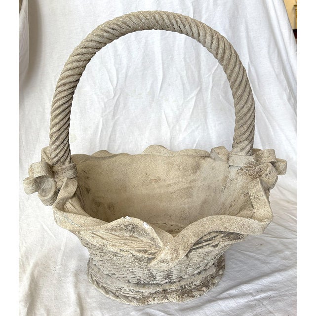 Sculpture Materials Vintage Cast Concrete Stone Woven Basket With Handle Garden Planter For Sale - Image 7 of 12