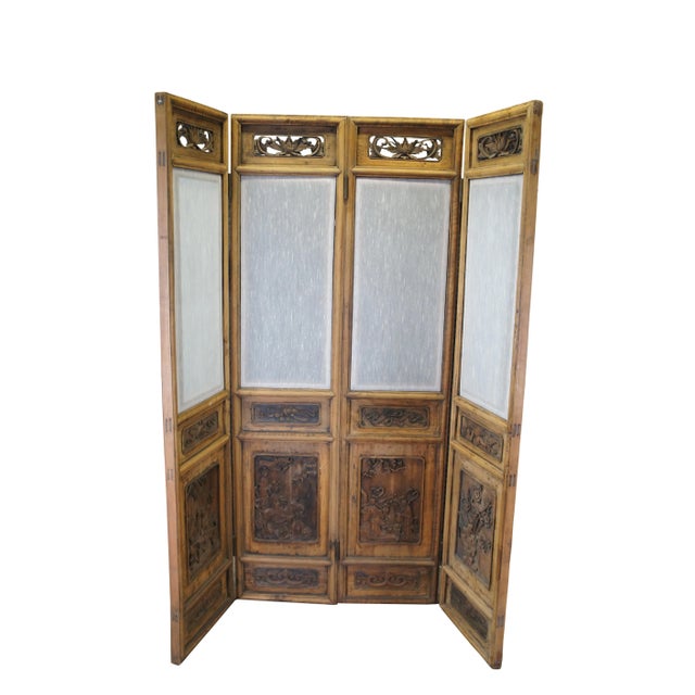 Chinese Antique Chinese Chinoiserie 4-Panel Carved Elm Room Divider Privacy Screen For Sale - Image 3 of 12