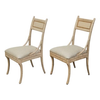 Pair of Midcentury Faux Bamboo Side Chairs with Saber Legs and New Upholstery For Sale