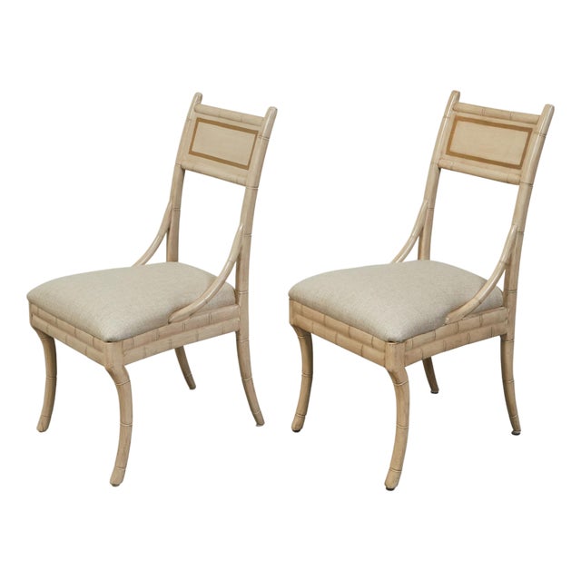 Pair of Midcentury Faux Bamboo Side Chairs with Saber Legs and New Upholstery For Sale
