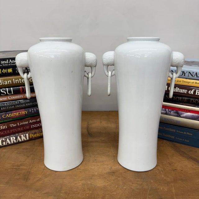 White Ceramic Vases with Elephant Head Handles - A Pair For Sale In New York - Image 6 of 12