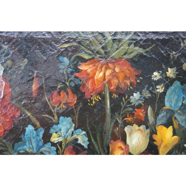 Vintage Flemish Style Floral Still Life After Pieter Bruegel Signed Oil Painting For Sale - Image 12 of 16