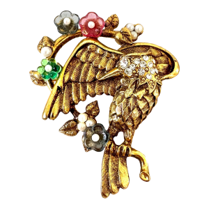 Vintage Birds and Floral Gold Tone Brooch Pin