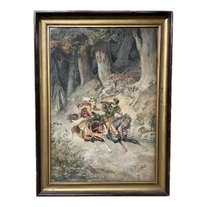 “ Hot Pursuit “ by Belisario Gioja Italy, 1829-1906 Original Watercolor Painting Signed, Framed