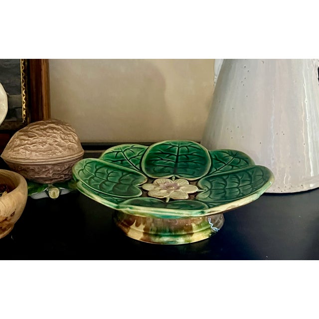 Art Nouveau Late 19th Century Majolica Pond Lily Footed Compote For Sale - Image 3 of 10