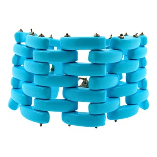 Teal Blue Turquoise Fancy Cabochon Elongated Link Wide Unique Statement Bracelet For Sale