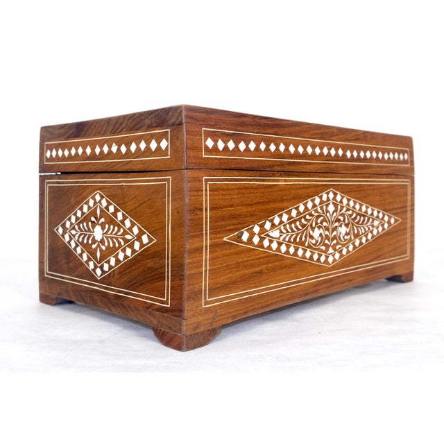 Late 20th Century Large Solid Teak Inlaid Jewlery Box w/ Geometric & Floral Motifs For Sale - Image 10 of 12