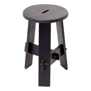Vintage Black-Stained Wooden Tripod Stool with Tenon Joints For Sale