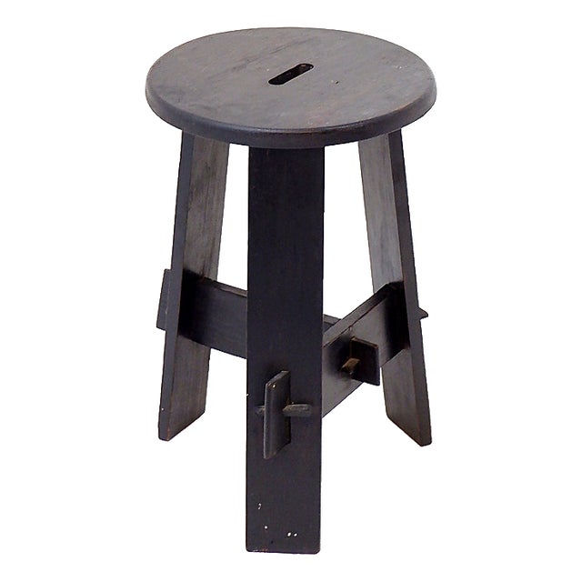 Vintage Black-Stained Wooden Tripod Stool with Tenon Joints For Sale