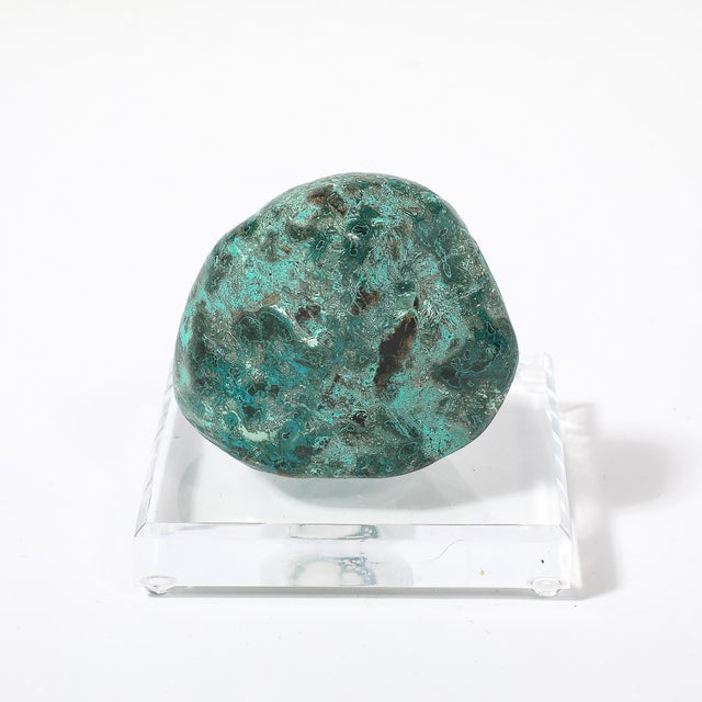 This striking Mid-Century Modernist malachite specimen, mounted on a faceted lucite base, is a sophisticated interplay of...