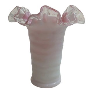 Vintage MCM Fenton Pink Crest Ruffled EdgeMilk Glass Vase For Sale
