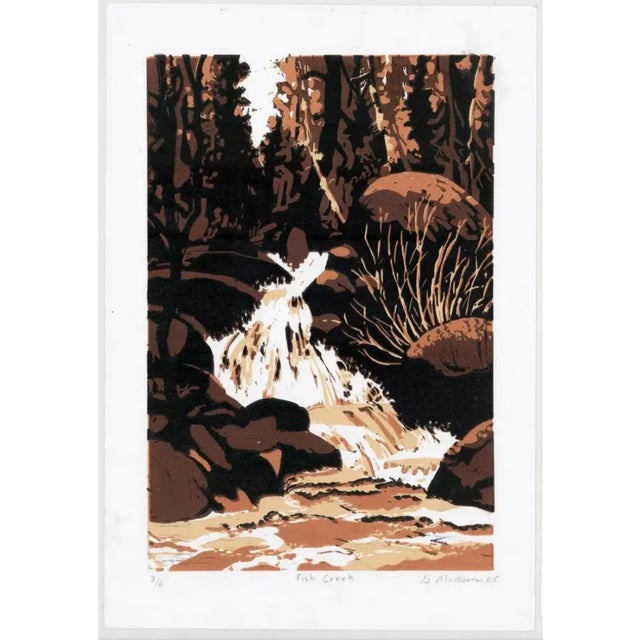 "Fish Creek" by Laramie Wyoming artist Ginnie Madsen. Mountain stream linocut on paper; signed, titled and numbered 3 of 6...