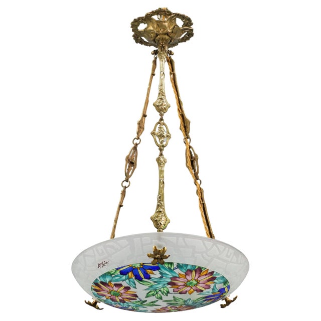 Art Deco Pendant Light in Polychrome Enameled Glass from Loys Lucha, 1930s For Sale - Image 11 of 11