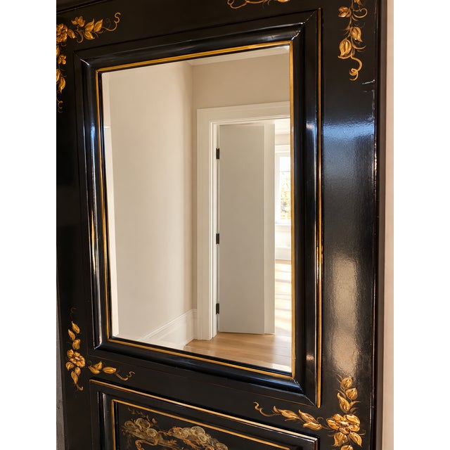 Black Vintage Black Lacquer Chinoiserie Hall Tree With Mirror and Mohair Upholstered Seat For Sale - Image 8 of 11