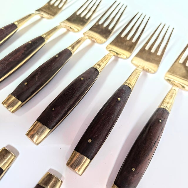 Midcentury Rosewood and Brass Salad Forks- Set of Twelve For Sale - Image 9 of 11