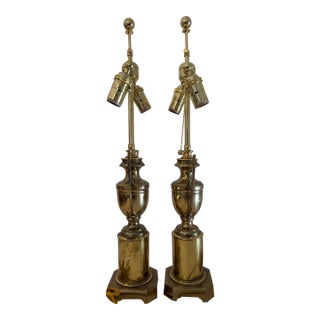 Pair of Vintage English Brass Trophy Form Winged Urn Lamps For Sale