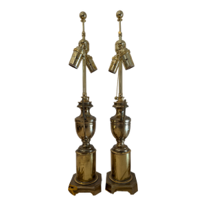 Pair of Vintage English Brass Trophy Form Winged Urn Lamps