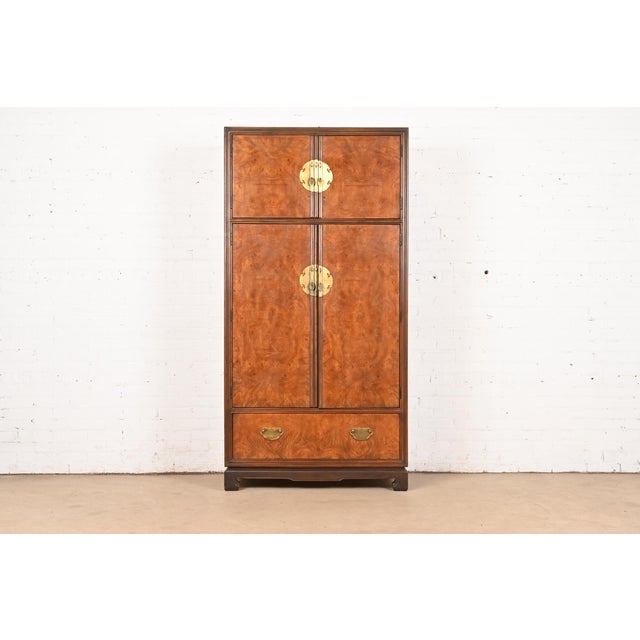Drexel Heritage Hollywood Regency Chinoiserie Burl Wood Armoire Dresser or Bar Cabinet, Circa 1970s For Sale - Image 11 of 11