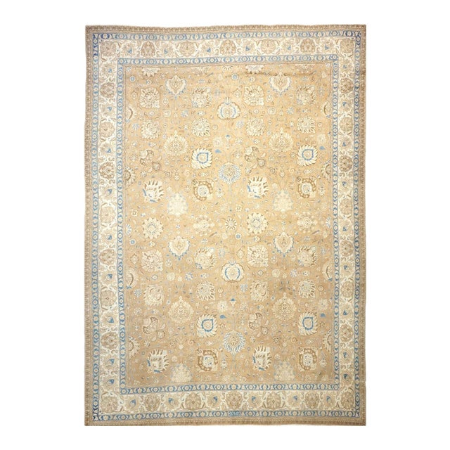 Antique Persian Tabriz Wool 11x15 Tan, Ivory & Blue Handmade Area Rug #9902886 For Sale