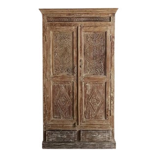 1920s Antique Mahal Whitewash Armoire With Drawers For Sale