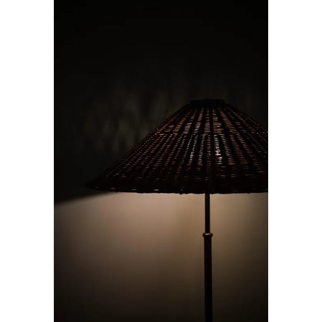 Height Adjustable Floor Lamp in Brass, Woven Cane and Rattan Shade, 1940s For Sale - Image 9 of 13