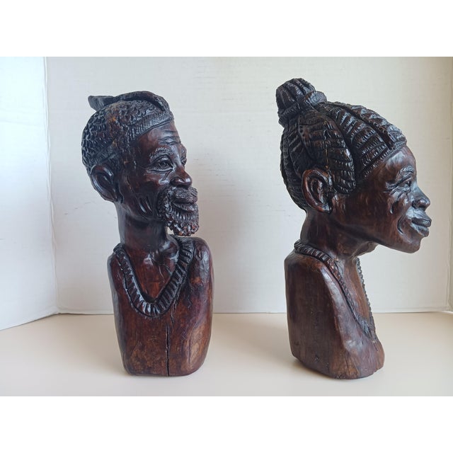 Early 20th Century Exquisite Pair of Iron Wood Carved Shona Male and Female Bust For Sale In Las Vegas - Image 6 of 7