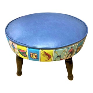 Mexican Loteria Fabric and Blue Italian Leather on Vintage Round Footstool - Mid 20th Century For Sale