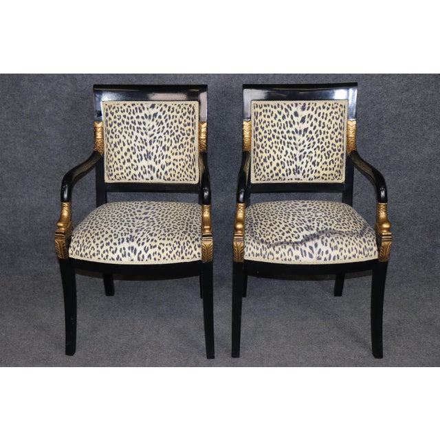 1960's Set 8 Regency Style Dolphin Head Ebonized & Gold Accent Armchairs For Sale - Image 4 of 16