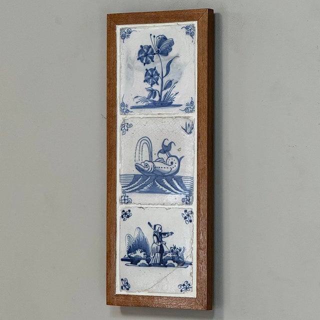 Framed Set of Three 18th Century Dutch Delft Blue and White Tiles For Sale - Image 4 of 14