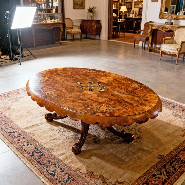 An elegant oval coffee table featuring a richly figured burl veneer top with fine inlaid marquetry: floral motifs at the...