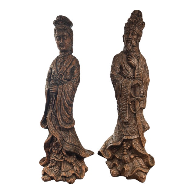 Pair of Vintage Universal Statue Chicago 36" Figural Oriental Man & Lady Statues For Sale