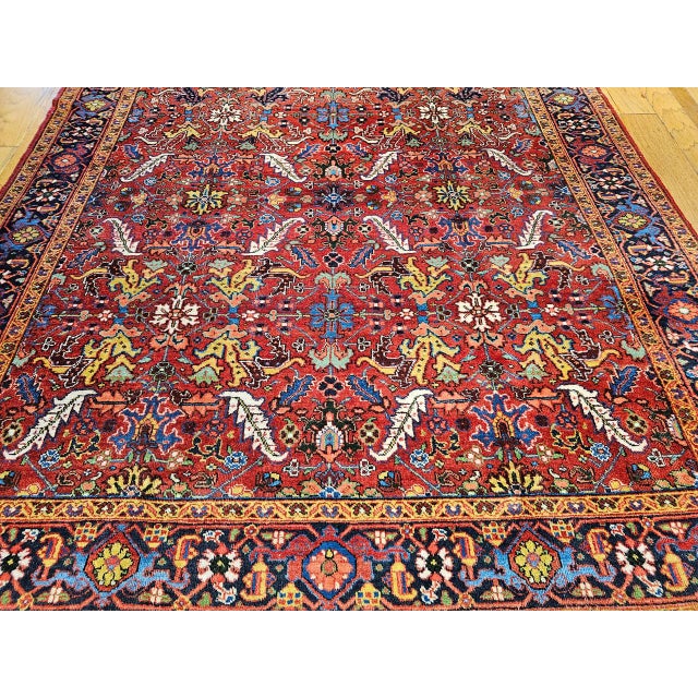 Vintage Persian Heriz Rug, Hand-Knotted Wool, Allover Geometric Pattern, Red & Blue, 8x11 For Sale - Image 9 of 15