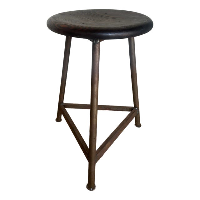 1920s Vintage Industrial Metal and Wood Stool For Sale