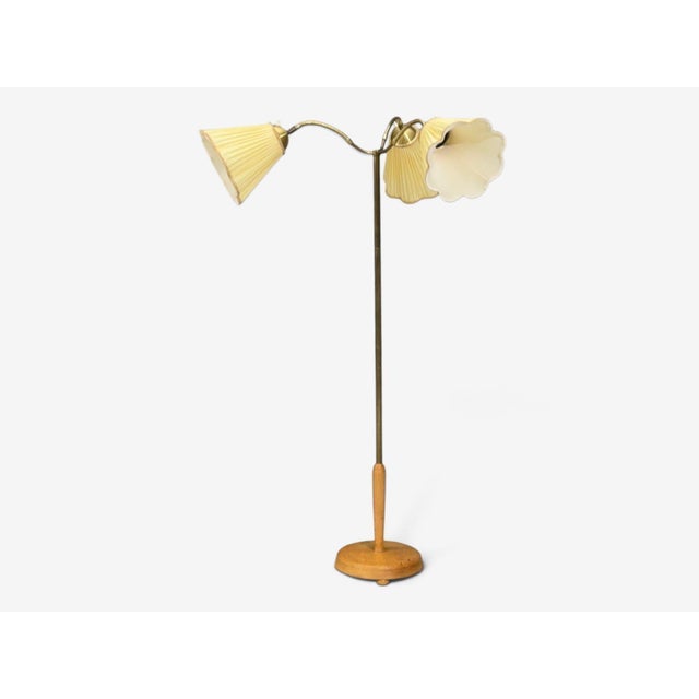 1950s 1950s Swedish Modern Birch, Brass, Silk Adjustable Floor Lamp For Sale - Image 5 of 14