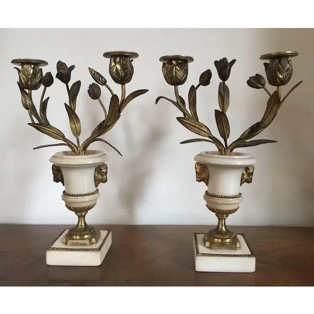 18th Century French Louis XVI Fire Gilt Bronze & White Marble Candelabra - A Pair For Sale - Image 10 of 11