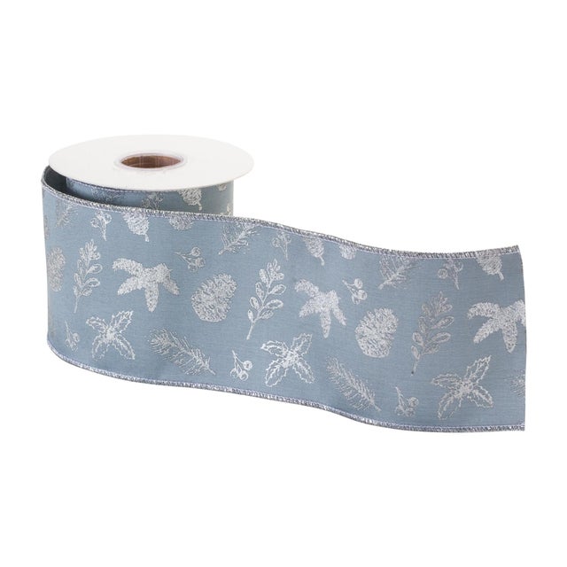 Add a touch of elegance to your holiday decor with this stunning 4" x 10-yard Blue and Silver Wired Polyester Ribbon....