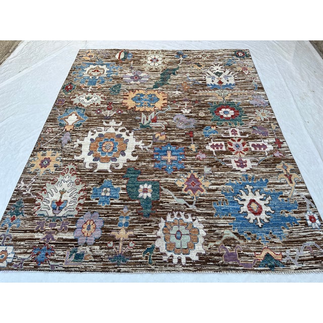 Brown Oushak Wool Rug With Multicolor Floral Design For Sale - Image 4 of 9