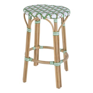 Ballito 30 in. Seat Height Oval Rattan Bar Stool with Footrest, French White, Green & Brown For Sale