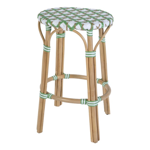 Ballito 30 in. Seat Height Oval Rattan Bar Stool with Footrest, French White, Green & Brown For Sale